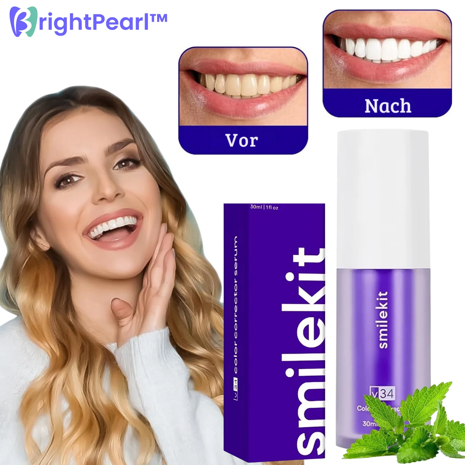 BrightPearl™ – Kleurcorrectie-serum en Paarse Tandpasta voor stralende en verzorgde tanden [1 + 1 Gratis]