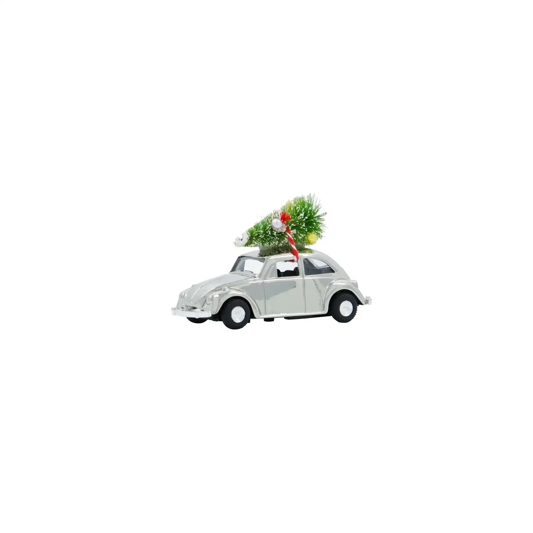 Mini kerstauto zilver met boomdecoratie