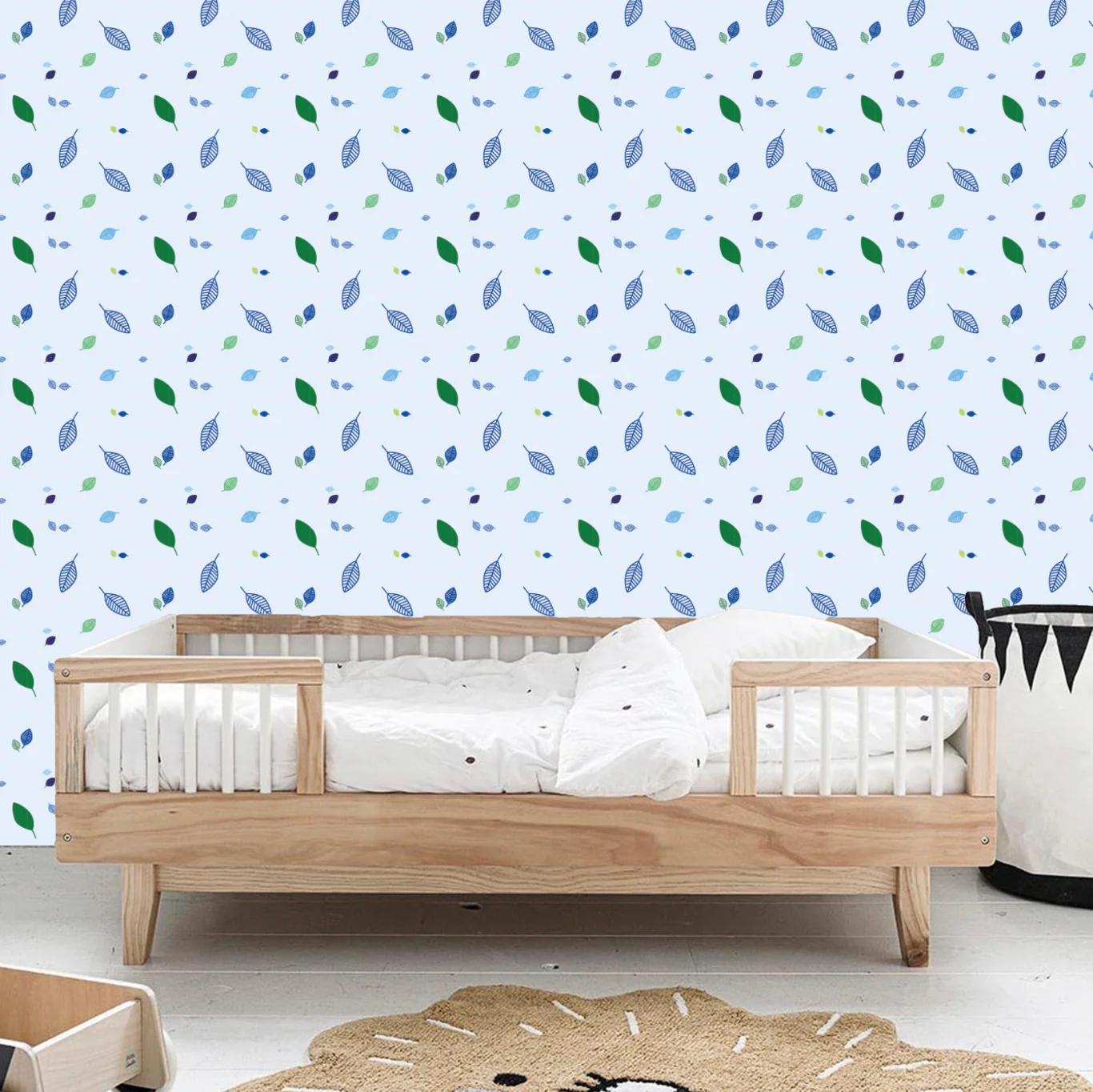 Behang bladeren groen blauw