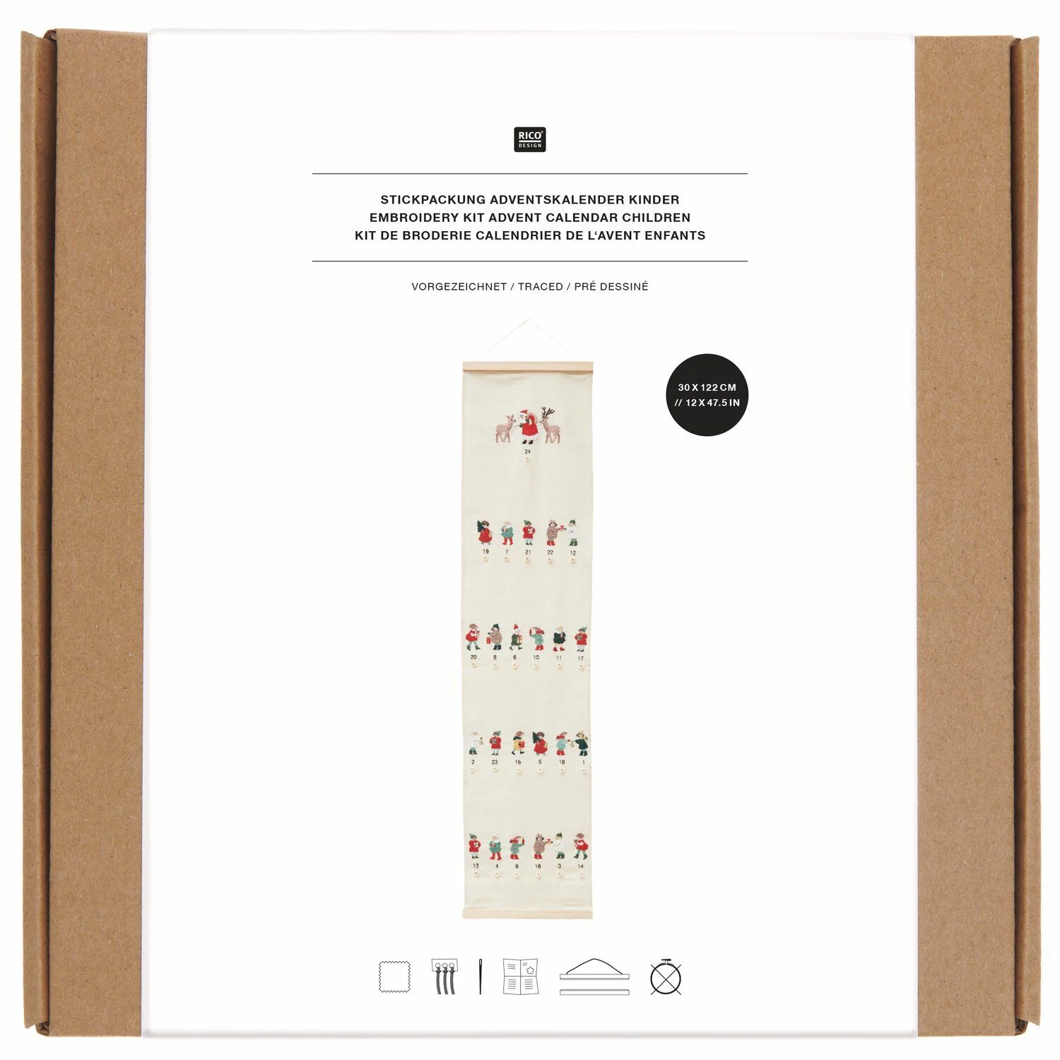 Borduurpakket adventskalender kinderen voorgetekend 30 x 120 cm