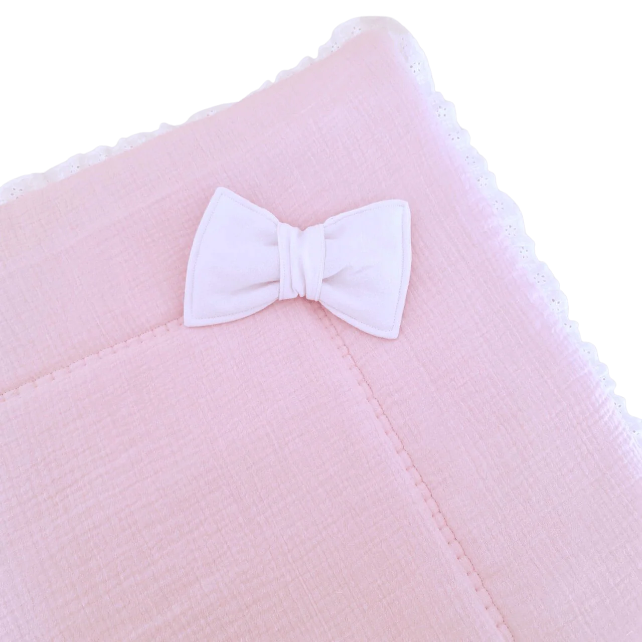 Boxkleed Cassy – roze – strikje – broderie – kant – hydrofiel – vierkant