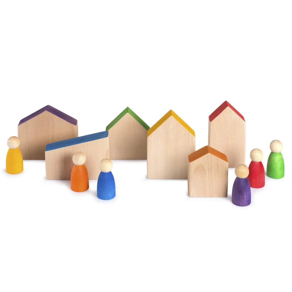 Grapat Houten Huisjes en Nins® Poppetjes – 12 Stuks