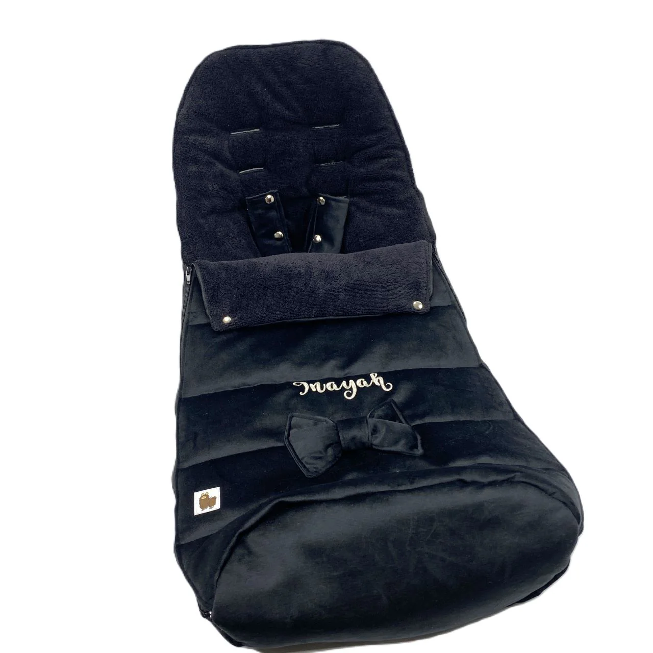 Voetenzak voor in de buggy – zwart velvet – met naam en strikje