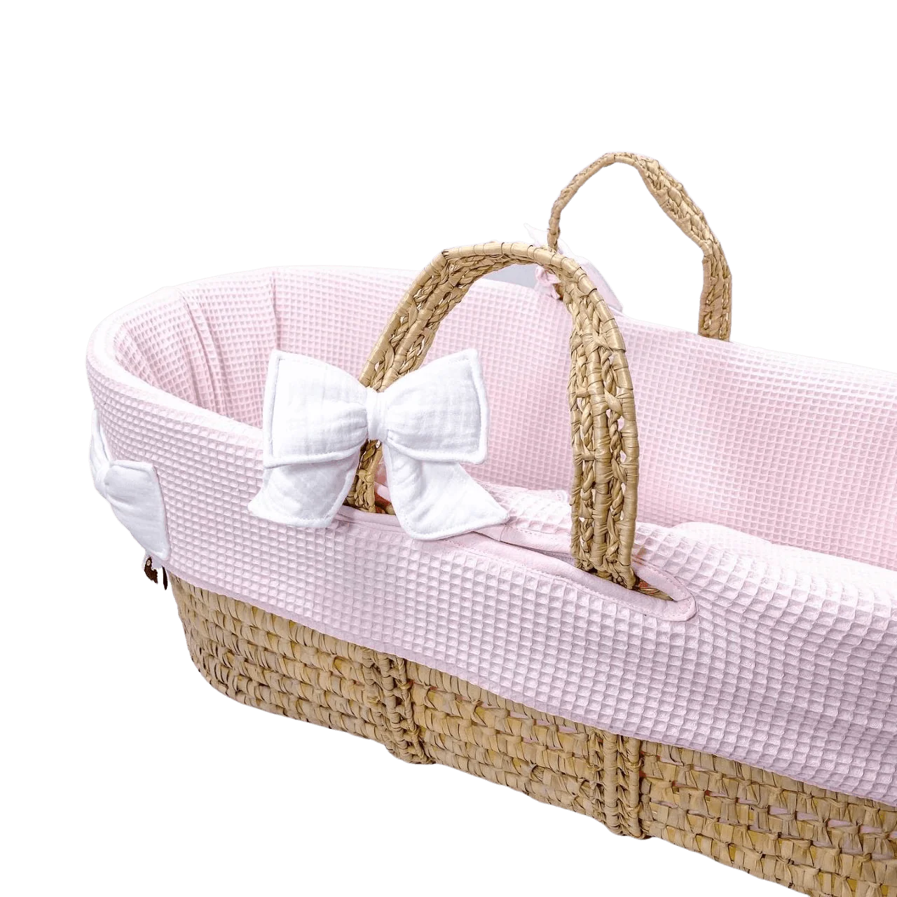 Mozes wiegbekleding - roze  wafel - witte strikjes - gevoerd - hoes
